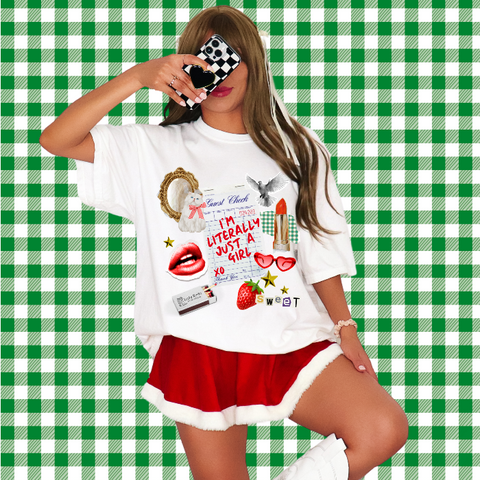 Elevate your girly style with our Girlhood Collage Shirt. Featuring an adorable kitten with a charming bow, red lipstick, heart sunglasses, retro matchbox design and more, this preppy top is made with 100% soft cotton for all-day comfort. Perfect for adding a touch of trendiness to your wardrobe. Size up for an oversized look.