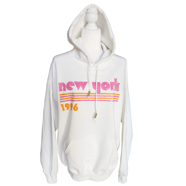 This New York Hoodie is the perfect blend of retro style and everyday comfort. Featuring a distressed New York graphic with vibrant pink and orange stripes, metallic gold beaded drawstrings, and a cozy unisex fit, it's a statement hoodie made for city lovers, travelers, and anyone who loves a bold vintage-inspired aesthetic. Size up 1–2 sizes for a cozy oversized look.