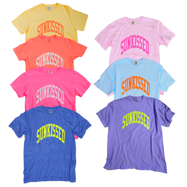 This neon Sunkissed shirt is the perfect summer tee. Comfortable and stylish, it's perfect for the beach, pool or simply enjoying a warm day. Brighten up your wardrobe in this trendy soft bright neon t-shirt you'll want to wear all year round! This is your ultimate summer t-shirt.