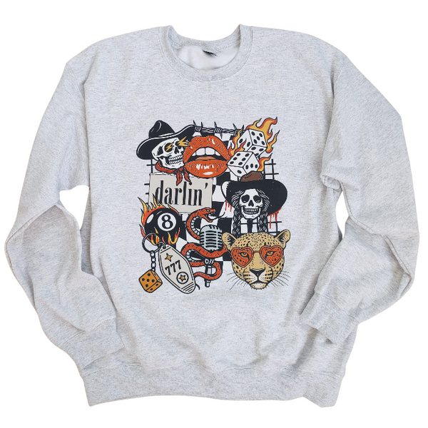 Bring bold Western tattoo vibes to your wardrobe with this retro graphic sweatshirt featuring cowboy skulls, lucky dice, flames, and a heart-eyed leopard. This cozy crewneck is made with 50% cotton / 50% polyester, perfect for everyday wear and all-season layering. 