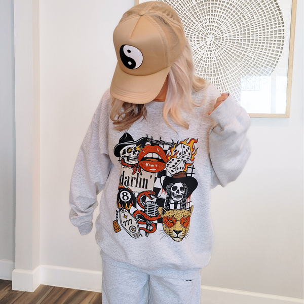 Bring bold retro energy to your wardrobe with this 3-piece vintage Western tattoo graphic set, including a cozy sweatshirt, Comfort Colors tee, and matching flame-dice sweatpants.