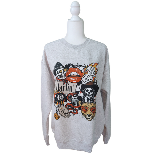 Bring bold Western tattoo vibes to your wardrobe with this retro graphic sweatshirt featuring cowboy skulls, lucky dice, flames, and a heart-eyed leopard. This cozy crewneck is made with 50% cotton / 50% polyester, perfect for everyday wear and all-season layering. 