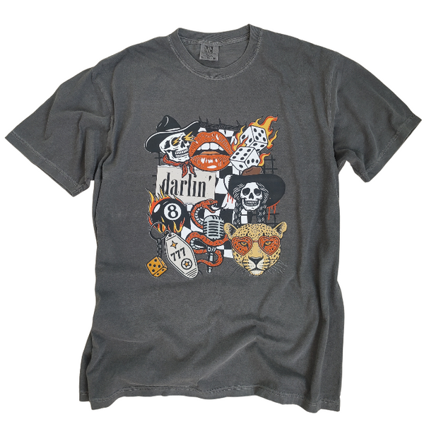 Bring bold Western tattoo vibes to your wardrobe with this retro graphic sweatshirt featuring cowboy skulls, lucky dice, flames, and a heart-eyed leopard. This cozy crewneck is made with 50% cotton / 50% polyester, perfect for everyday wear and all-season layering. 