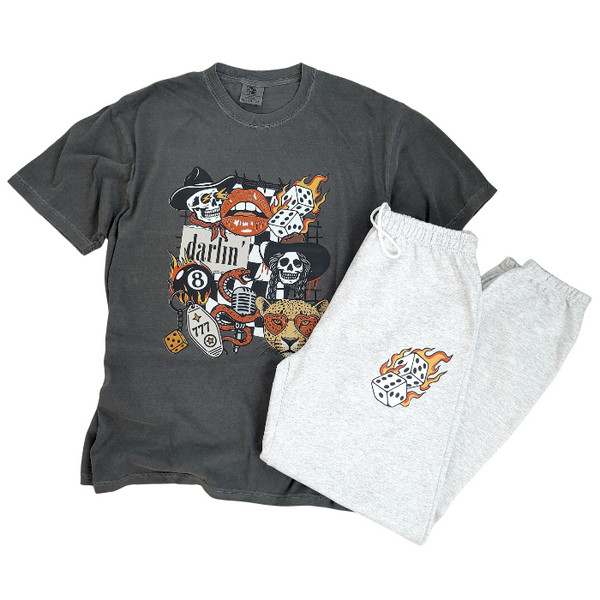 Bring bold retro energy to your wardrobe with this 3-piece vintage Western tattoo graphic set, including a cozy sweatshirt, Comfort Colors tee, and matching flame-dice sweatpants.