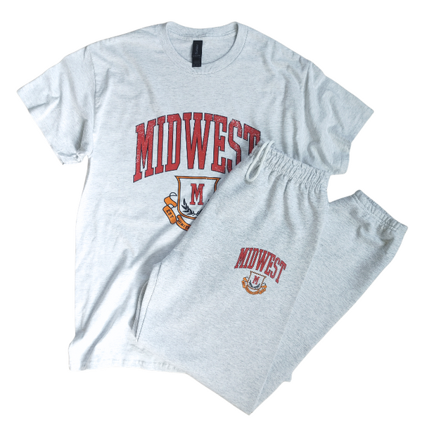This Midwest T Shirt and Sweatpants Set is the perfect combination of comfort and effortless collegiate style. Featuring a distressed varsity-inspired Midwest graphic on a matching ash gray t-shirt and jogger set, this outfit is ideal for lounging, travel days, running errands, or creating a casual streetwear look you'll wear on repeat with sweatpants that feature a relaxed oversized fit and for a trendy overside t-shirt fit size up. Matching Midwest sweatshirt sold separately, pair all three pieces for the