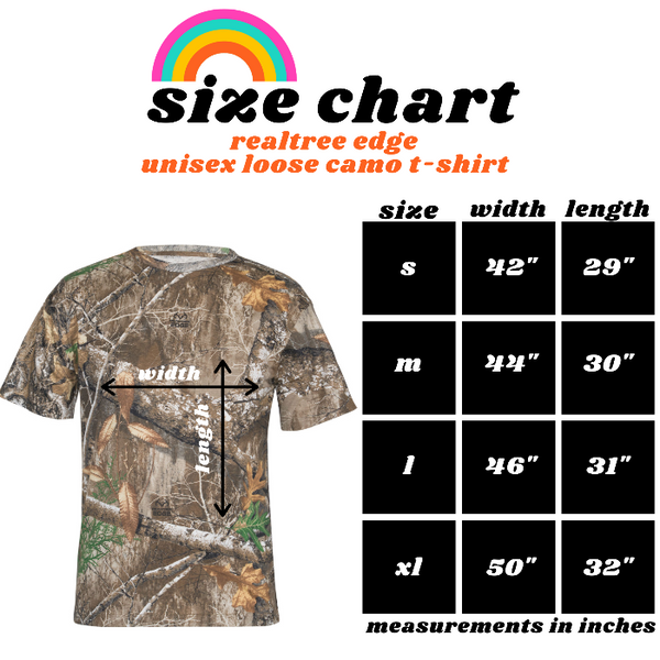 Realtree Edge Camo Unisex Loose T-Shirt Size Chart