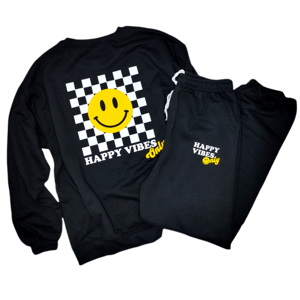 Smiley Face Happy Vibes Only Checkerboard Sweatpants