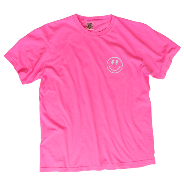 neon pink smiley face checkerboard lightning bolt t-shirt