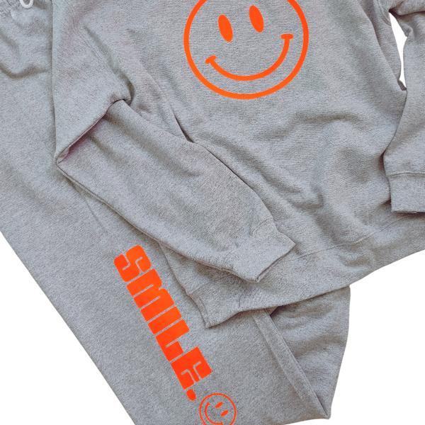 Sports Grey Neon Orange Smiley Face Crewneck Sweatsuit Set