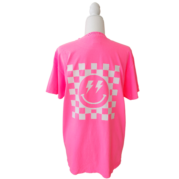 neon pink smiley face checkerboard lightning bolt t-shirt