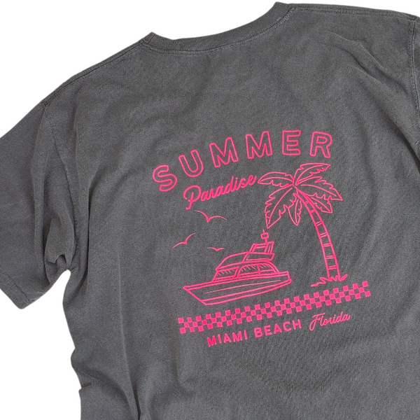 pepper grey summer paradise miami beach florida neon pink t-shirt