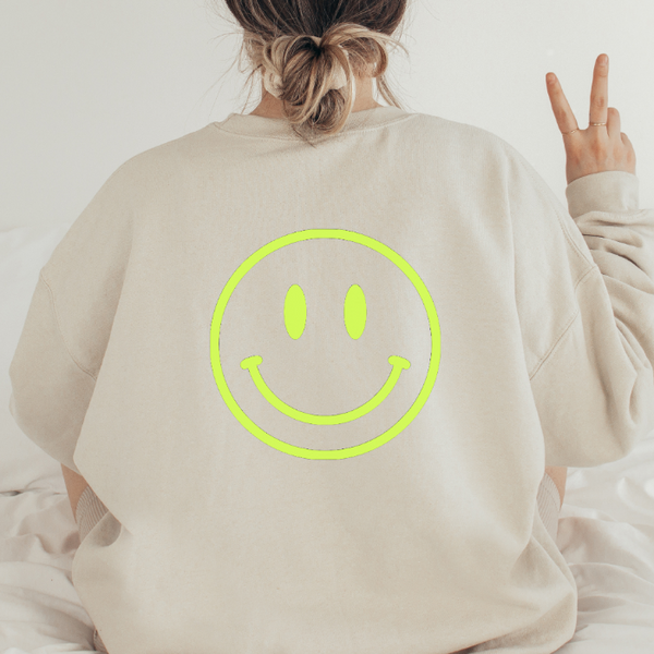 Neon Yellow Smiley Face Sweatshirt in the color Sand.