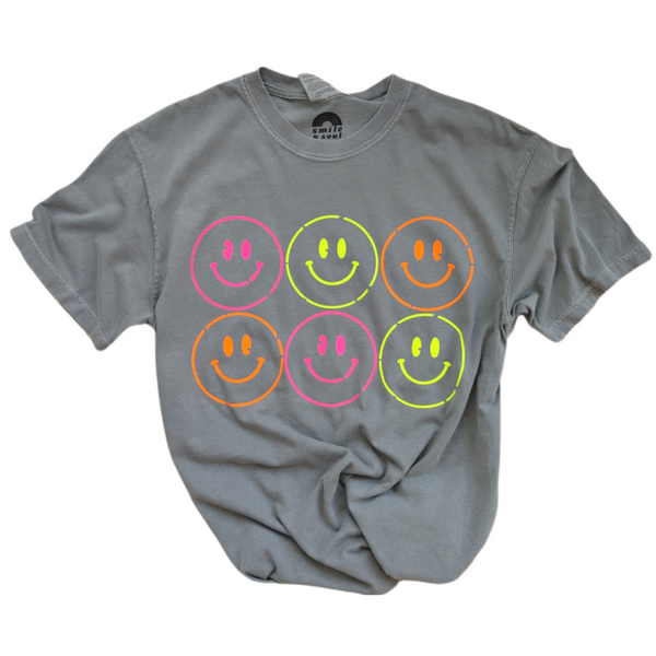 Distressed Neon Smiley Face Graphic T-Shirt.