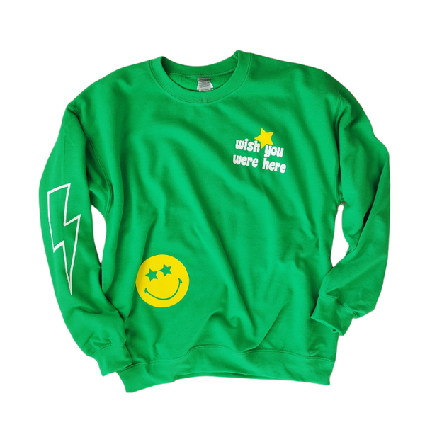 Green Smiley Face Lightning Bolt Sweatshirt.