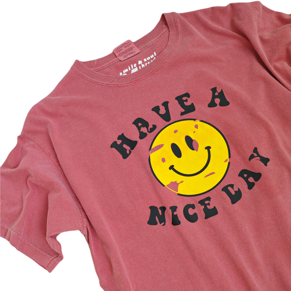 Distressed Have a Nice Day Smiley Face Graphic T-Shirt.