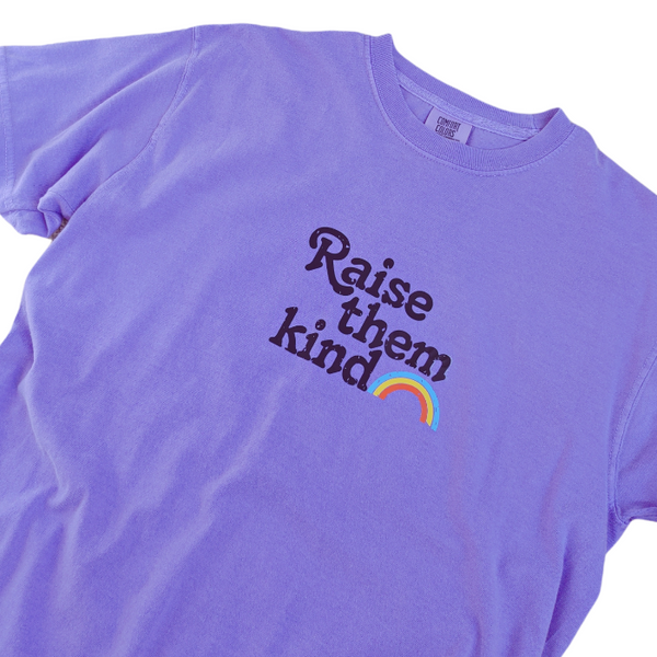 Distressed Raise Them Kind Rainbow Graphic T-Shirt.