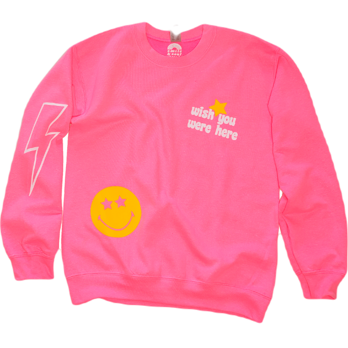 Pink Smiley Face Lightning Bolt Sweatshirt.