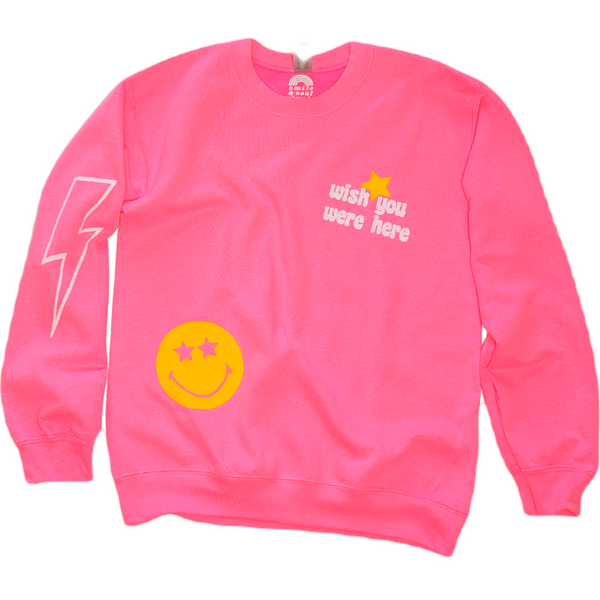 Pink Smiley Face Lightning Bolt Sweatshirt.