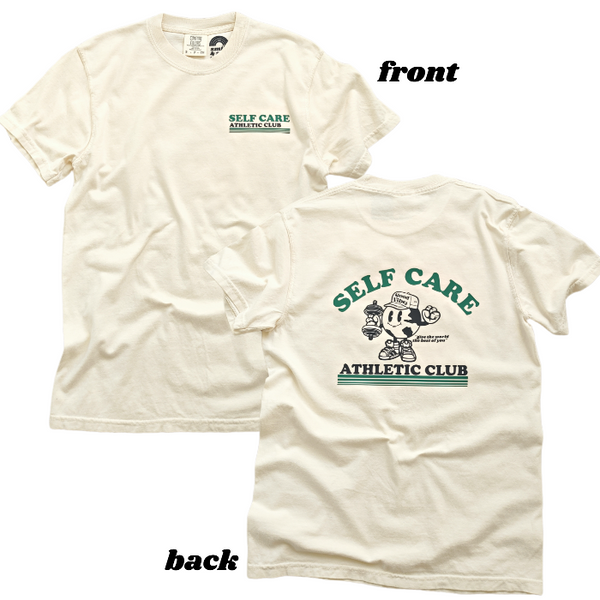 self care retro smiley athletic club t-shirt