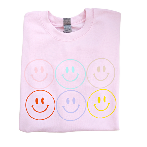 Distressed Smiley Face Crewneck Sweatshirt.