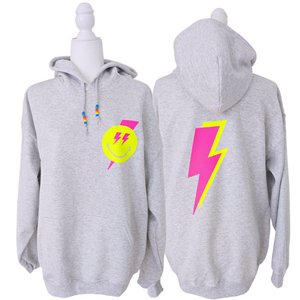Neon Pink Smiley Face Lightning Bolt Beaded Hoodie