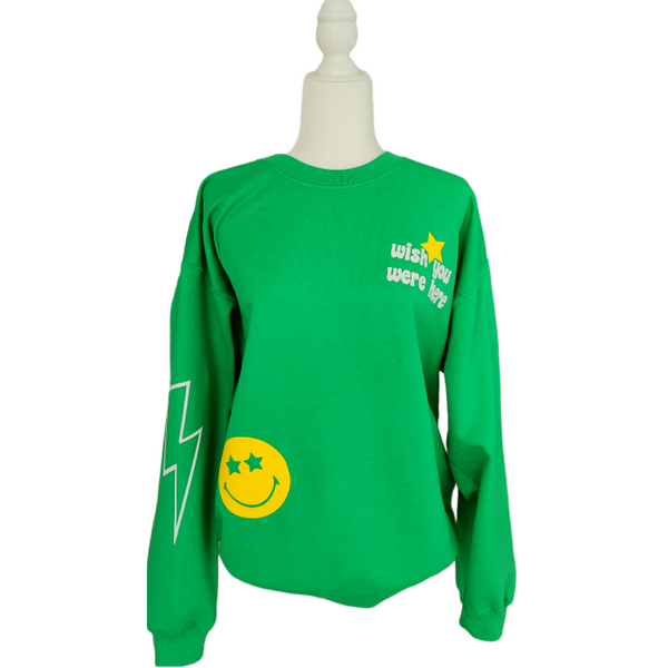 Green Smiley Face Lightning Bolt Sweatshirt.