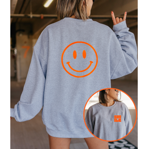 Sports Grey Neon Orange Smiley Face Crewneck Sweatshirt