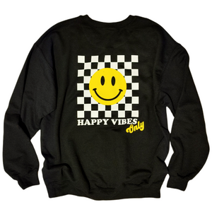 Smiley Face Checkerboard Happy Vibes Only Oversized Crewneck Sweatshirt