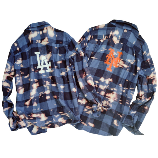 NY Mets & LA Dodgers Bleached Distressed Flannel Shirt.