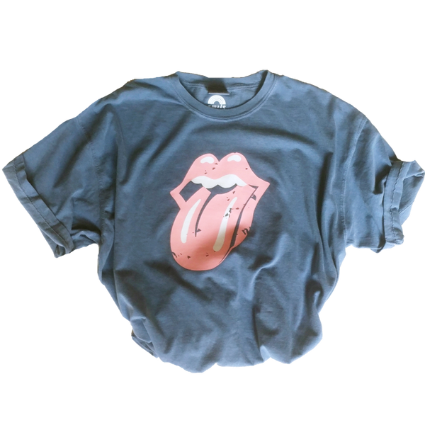 Distressed Pink Tongue Blue Jean Comfort Colors T-Shirt.