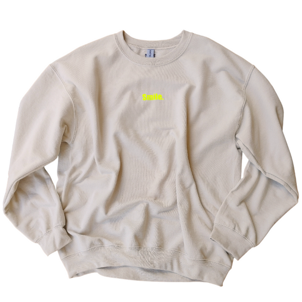 Neon Yellow Smiley Face Sweatshirt in the color Sand.