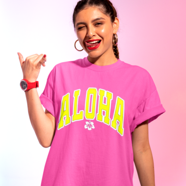 Neon Pink Aloha Hawaii Hibiscus T-Shirt.